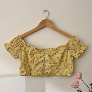White Fox Floral Yellow Corset Crop Top Off Shoulder‎ Ruffle Puff Sleeve S